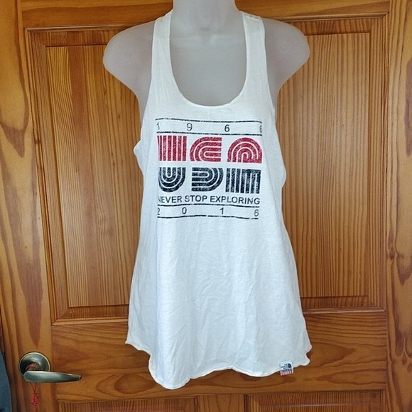 North Face White “Never Stop Exploring” Racerback Tank Top Large USA - Picture 2 of 7